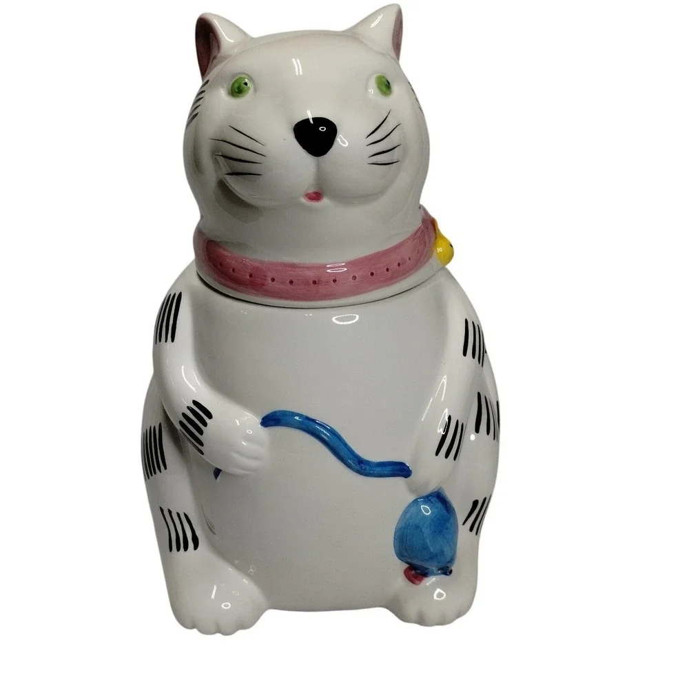 Vintage Ceramic Cat Cookie Jar‎ Taiwan White Cat w Mouse Yarn 1980s